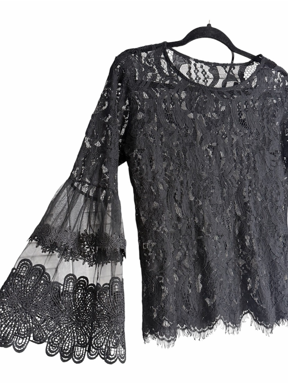 Say What Ny black lace bell sleeve top Size M Whimsigoth, witchy, elegant, sheer